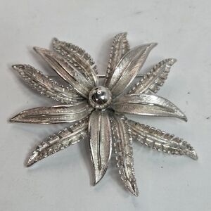 flower brooch silver tone marked PIM vintage textured mirror silver center ball
